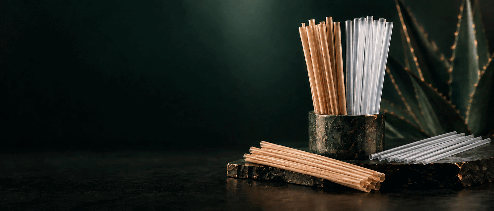 Natural agave composite and clear cellulose drinking straws displayed together
