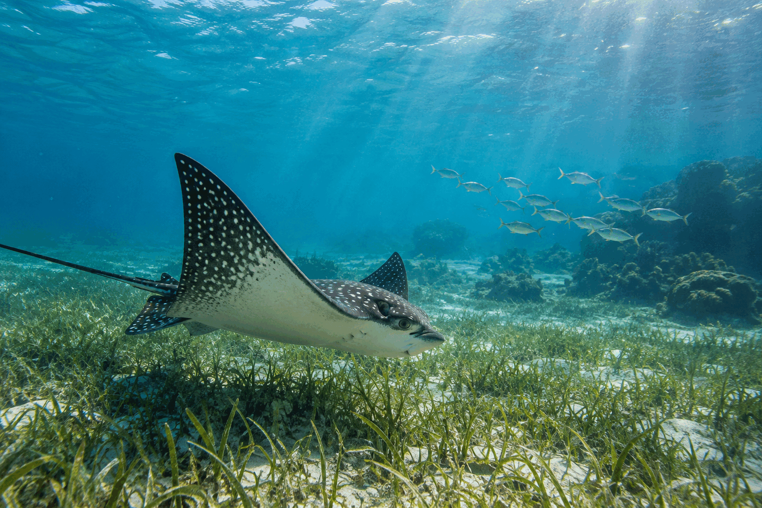 A spotted eagle ray gliding above seagrass