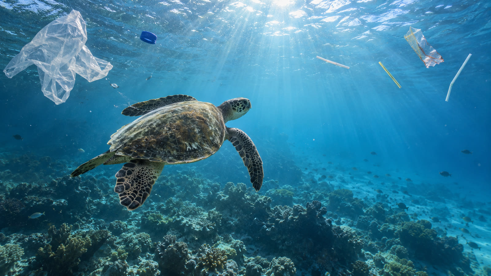 Sea turtle swimming beneath ocean plastic pollution in clear blue water