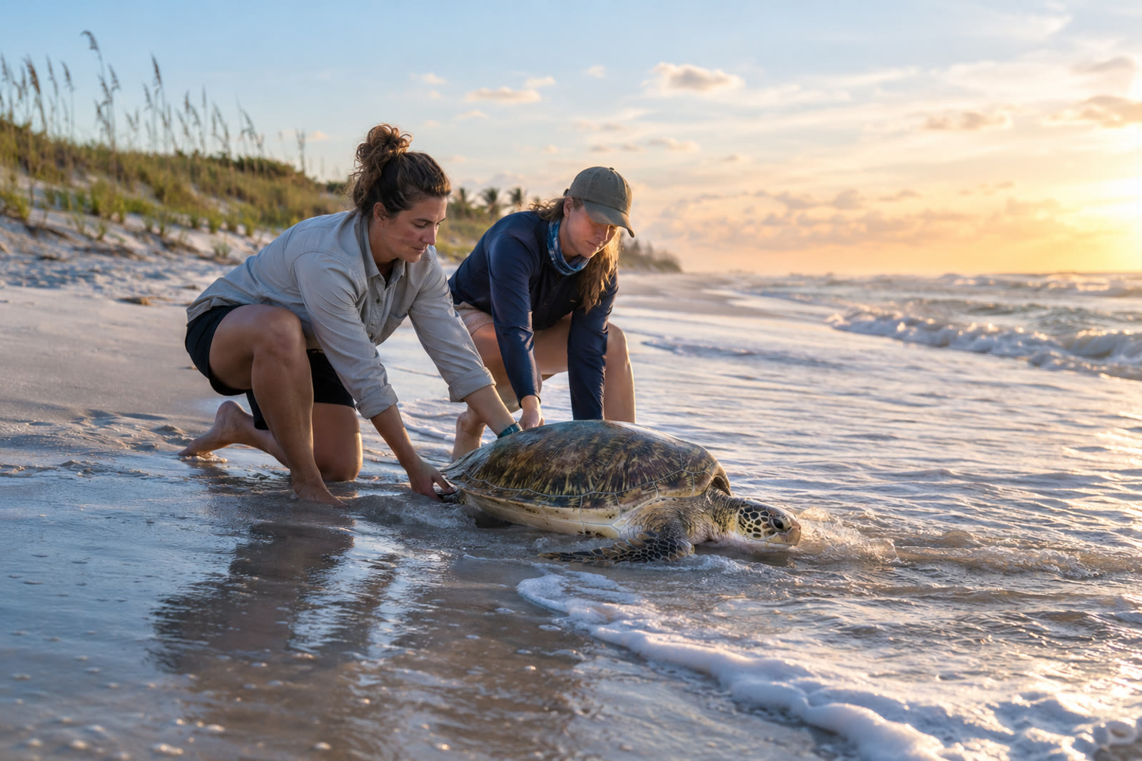 Wildlife rescuers carefully releasing a rehabilitated sea turtle at the shoreline