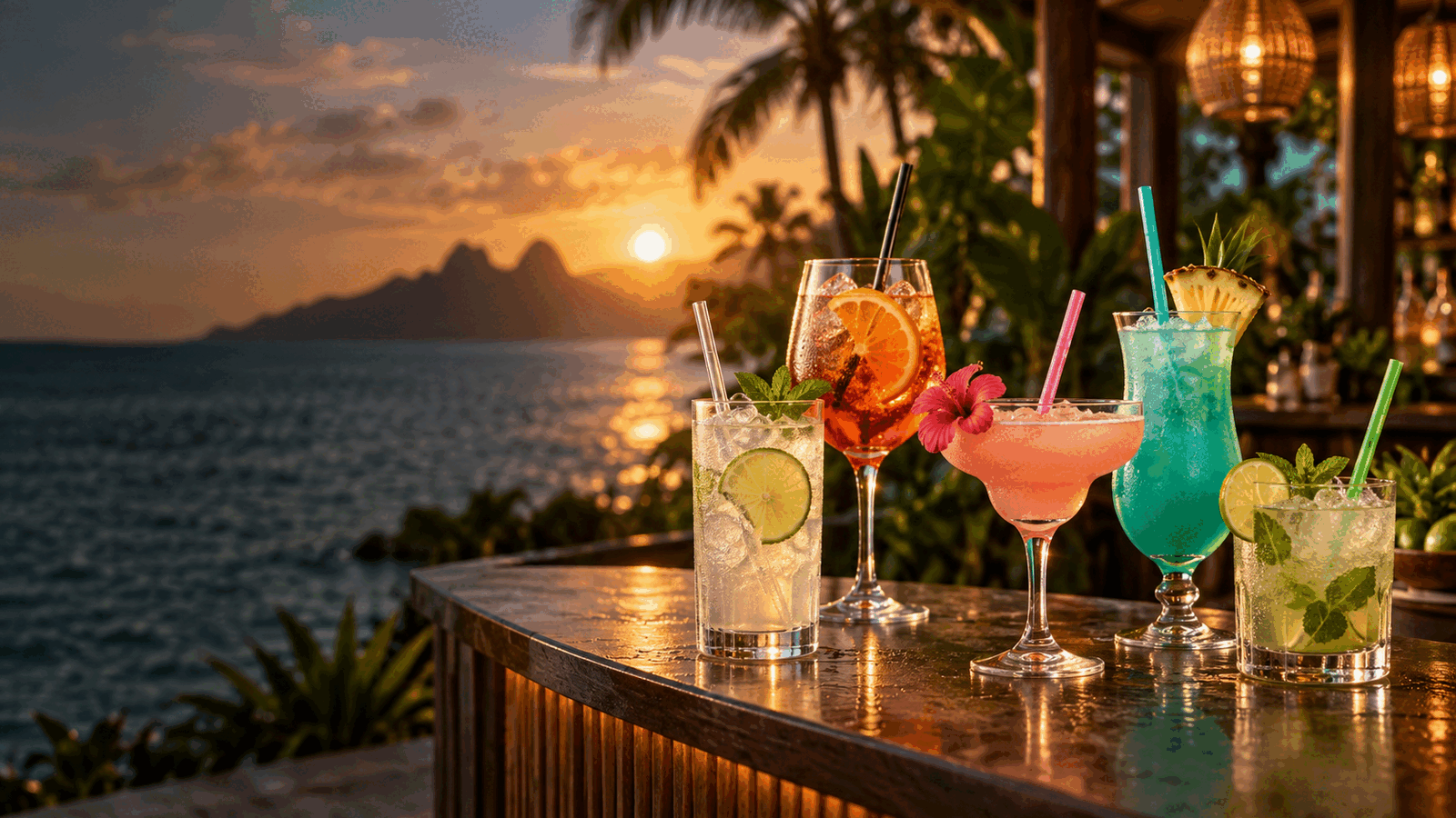 Island drinks served with colorful cellulose drinking straws